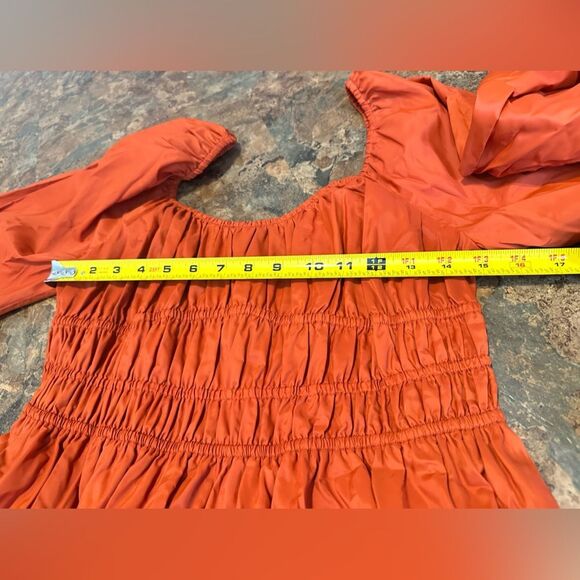 STAUD Bow Dress Smocked Waist Dress Size 8 Rust Long Sleeve Peasant Mini - Picture 10 of 10